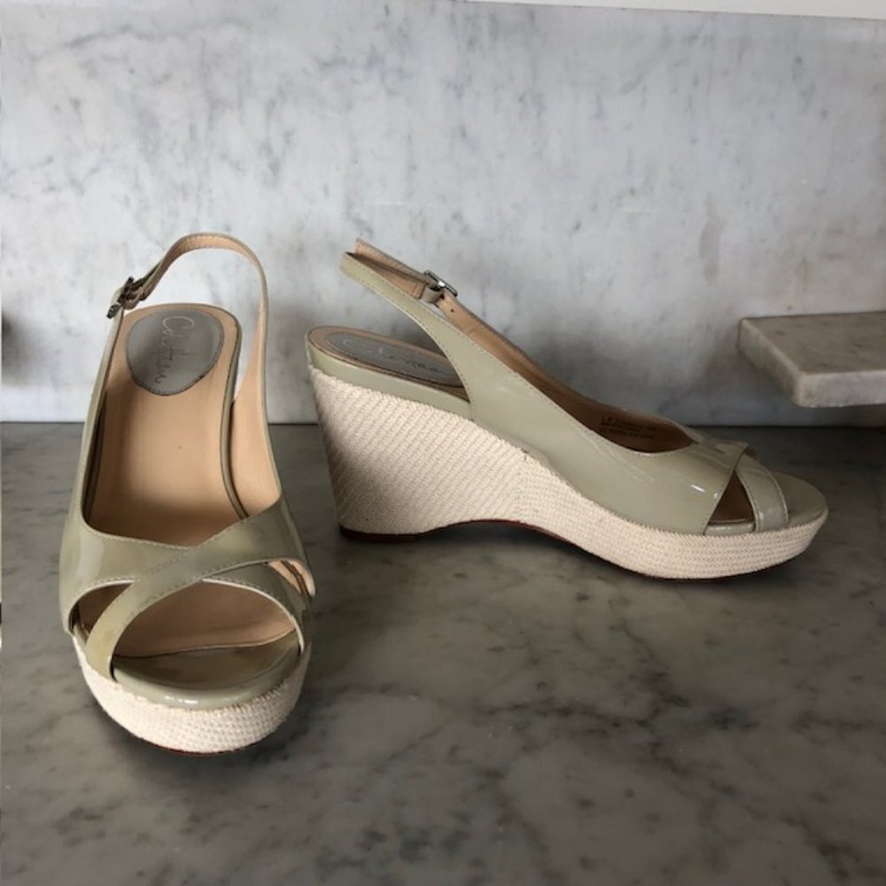 COLE HAAN Nike Air Open Toe Wedge Platform Espadrille Sandal Patent Nude…